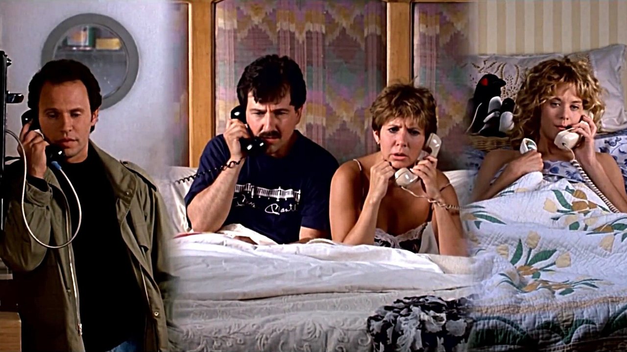 Bill Crystal, Bruno Kirby, Carrie Fisher e Meg Ryan in una scena del film.